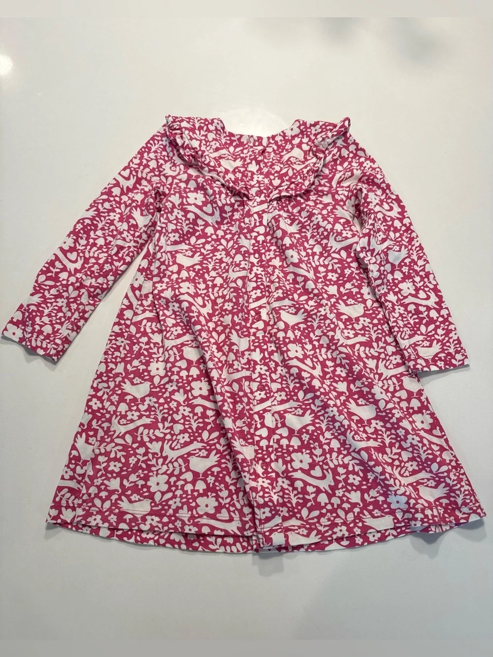 Baby Boden Pink Woodland Floral Bird Print Long Sleeve Dress 3-4Y